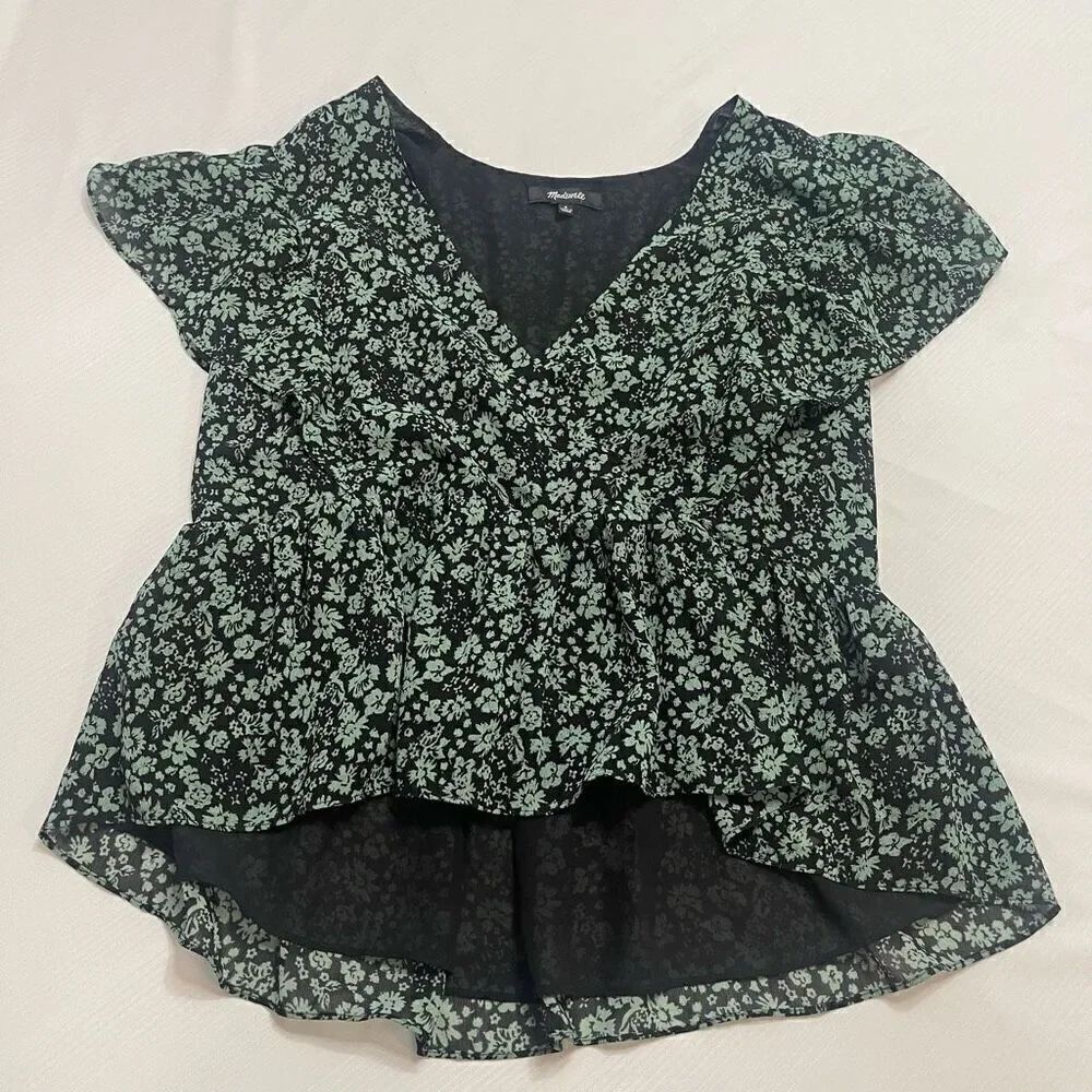 Madewell Georgette Green Floral Faux Wrap Short Sleeve Peplum Top Small Womens